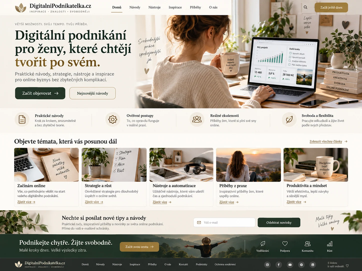 Ilustrační návrh možného webu DigitalniPodnikatelka.cz zaměřeného na praktické vzdělávání, nástroje a zkušenosti podnikajících žen